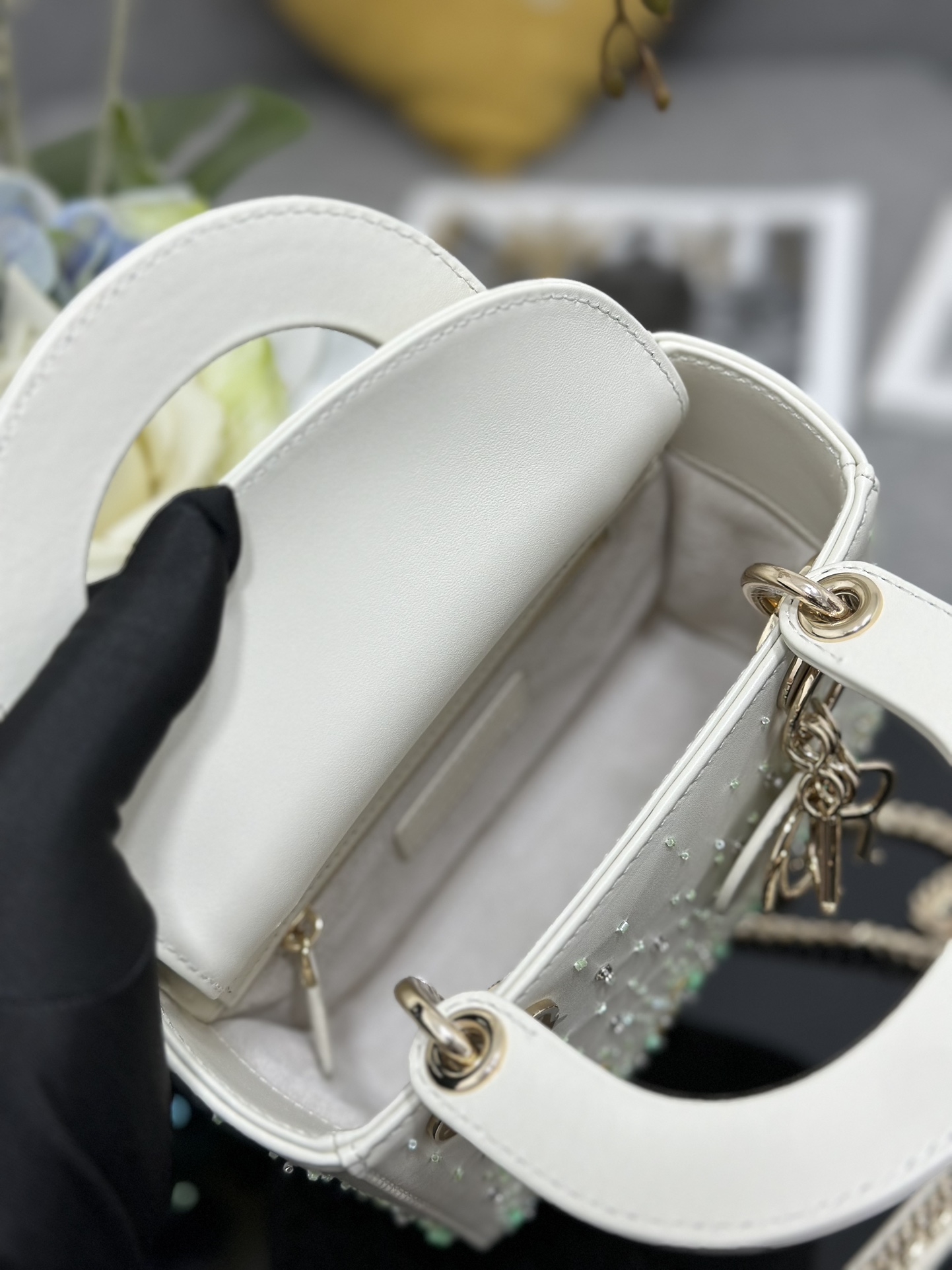 Mini Lady Dior Bag White Calfskin Embroidered with Mint Green Bead